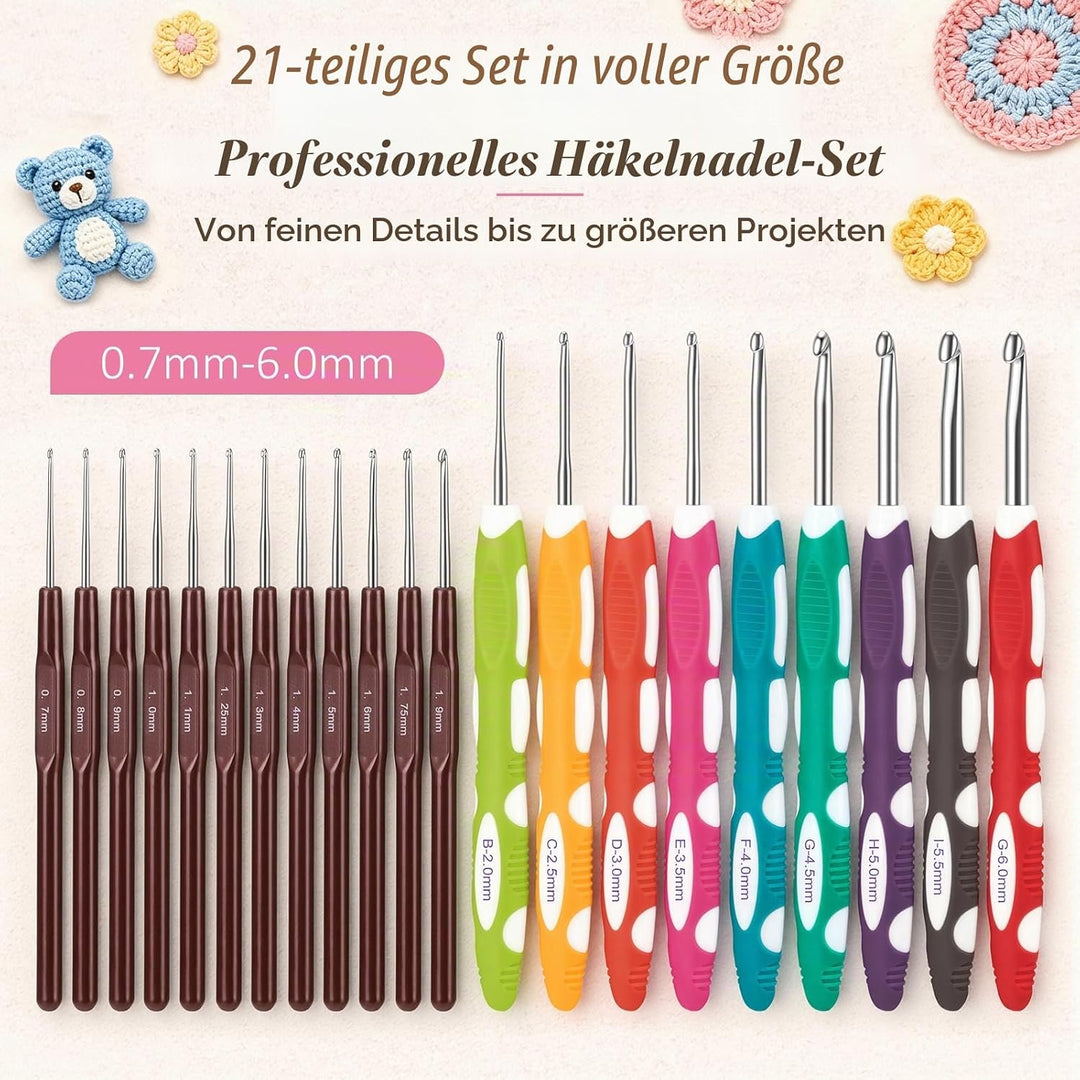 VynyQoo 74 Stück Häkelset für Anfänger mit 17 Garnen, 9 ergonomischen Häkelnadeln 2,0-6,0 mm, 12 fei