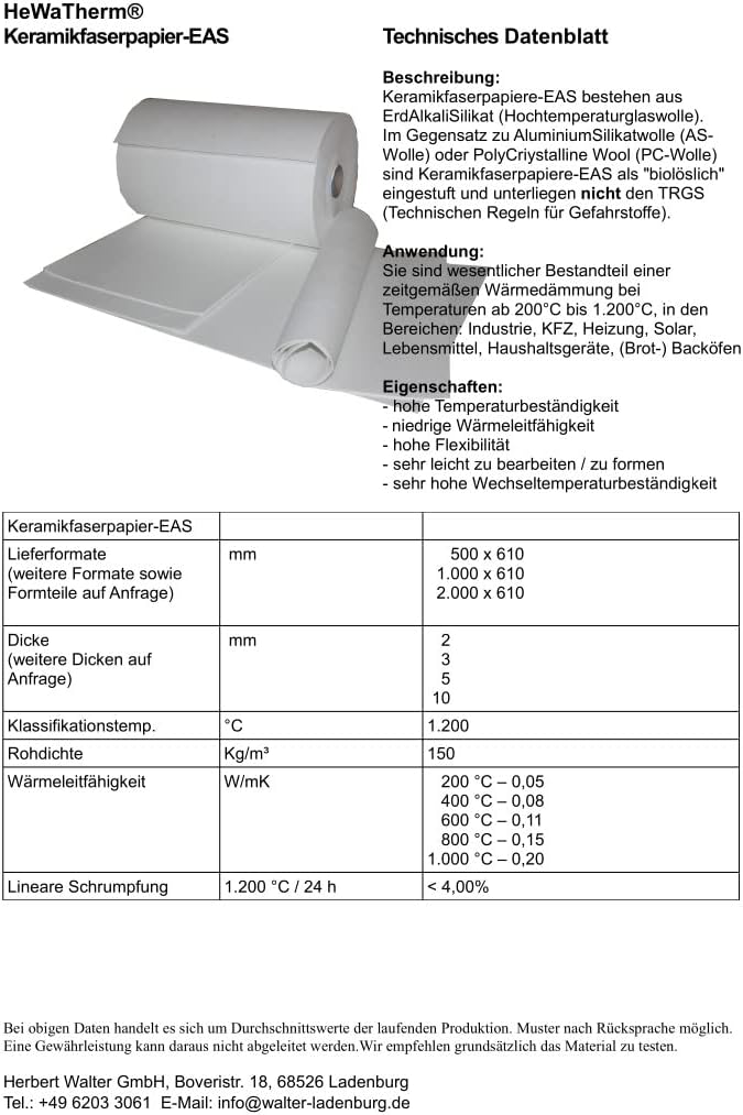 Keramikfaserpapier 1200°C Dichtung/Isolierung für Holzbacköfen Steinbacköfen (2 Matten - 500x300x5mm