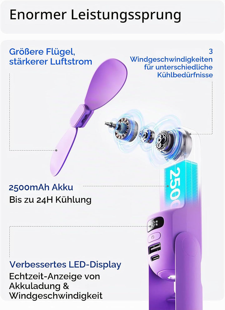 JISULIFE Handventilator, 3 in 1 Ventilator, Powerbank, Taschenlampe, Lila | Mini-Kühlgerät, klein, h