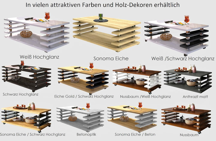 Design Couchtisch DC-3 Tisch Wohnzimmertisch mit Rollen 120x60x40 / 45, Farbe:Nussbaum - Schwarz Hoc