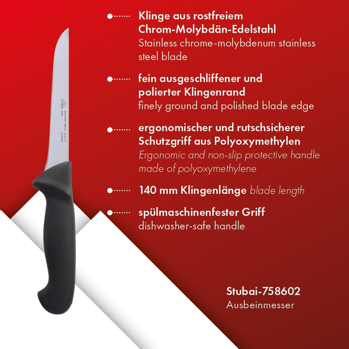 STUBAI Ausbeinmesser | 140 mm | Ausbeinmesser aus Edelstahl, rostfrei, spülmaschinenfest, mit Polypr