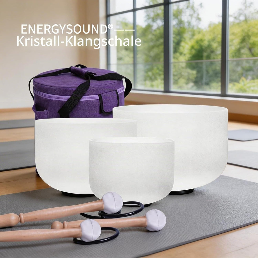 Energysound Perfect Pitch Chakra Singing Bowls 432Hz 11" D 9" F 7" B Frosted Quartz Crystal Singing