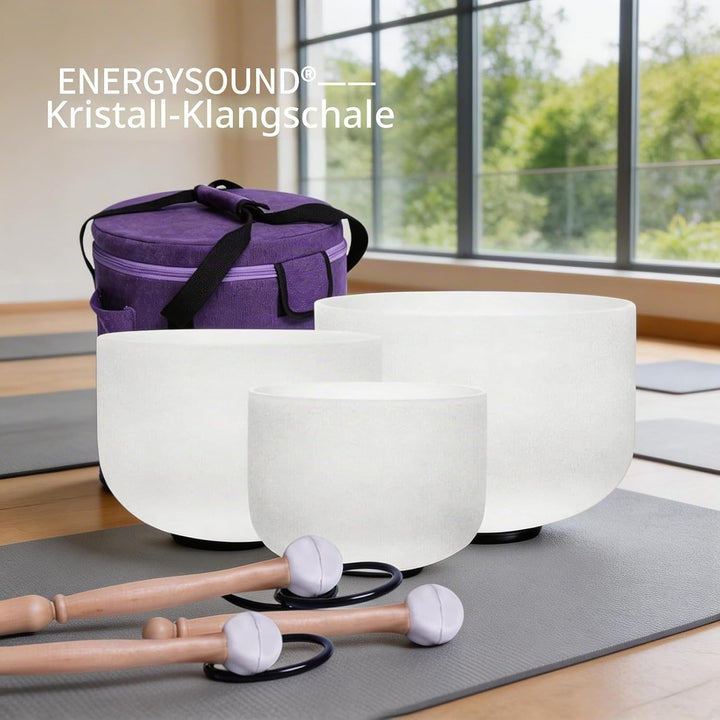 Energysound Perfect Pitch Chakra Singing Bowls 432Hz 11" D 9" F 7" B Frosted Quartz Crystal Singing