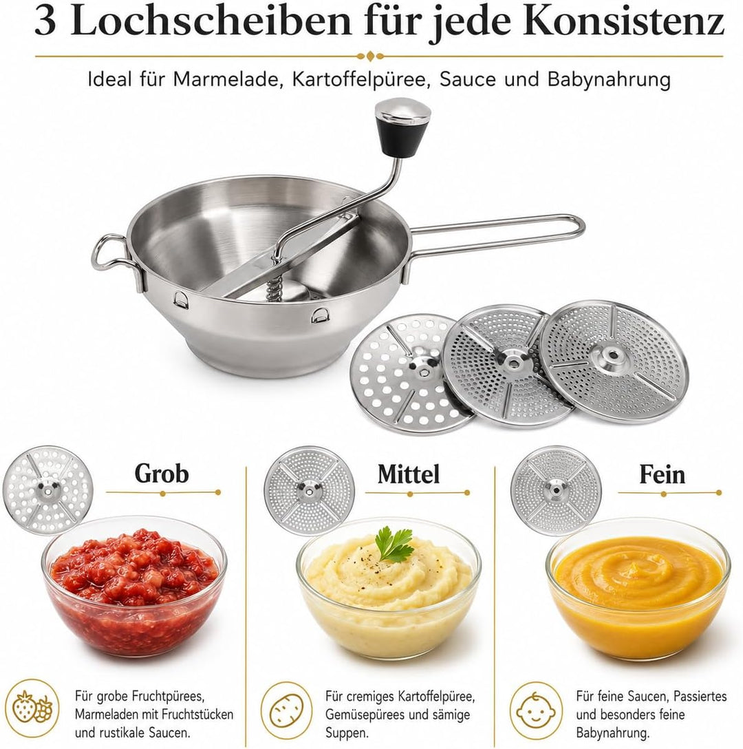 Passiergerät aus Edelstahl ergonomisch Anti-Rutsch Drehbar mit 3 Grinding Plates Passiermühle Edelst