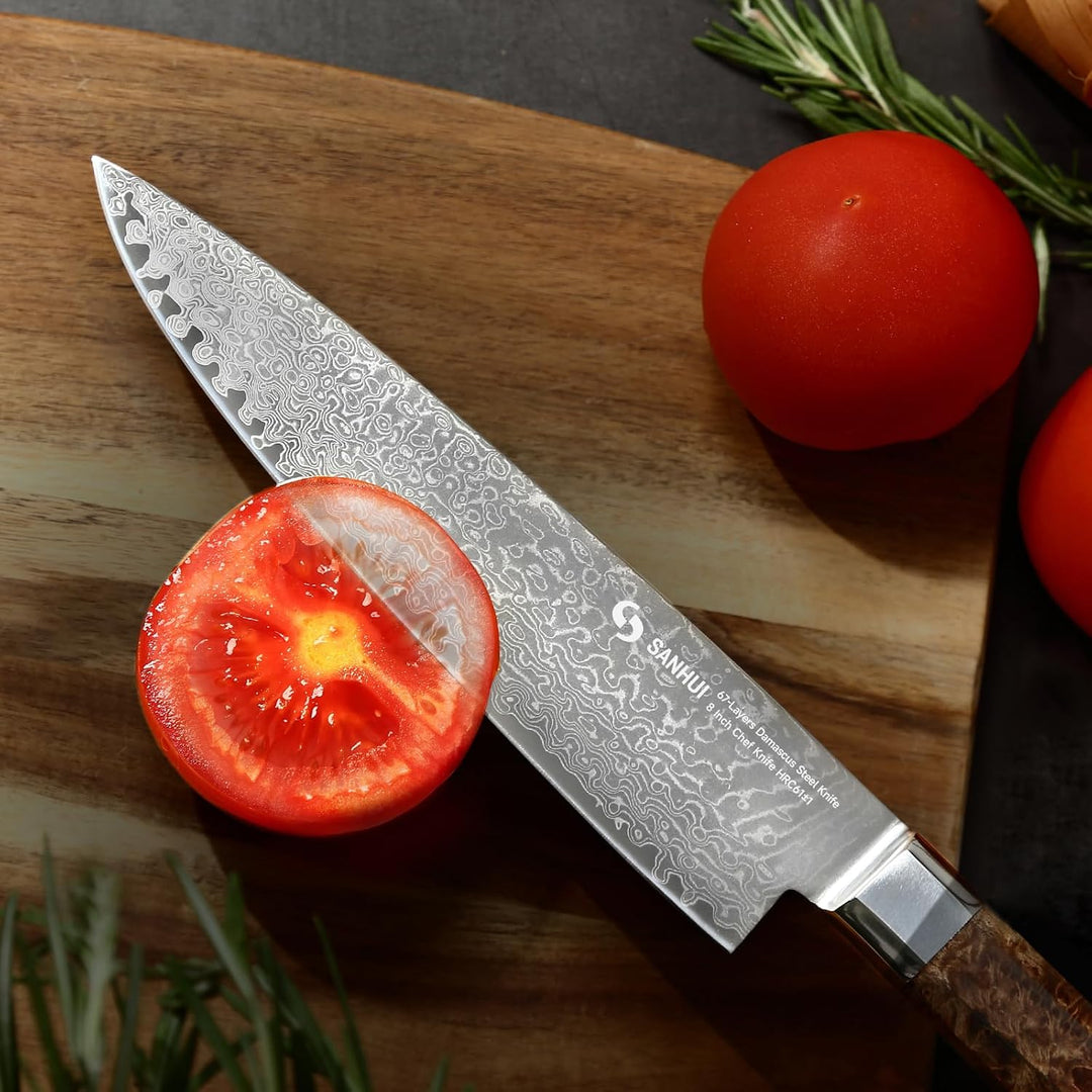 20cm Damast Küchenmesser mit Ergonomischer Blauem Harz-Holzgriff