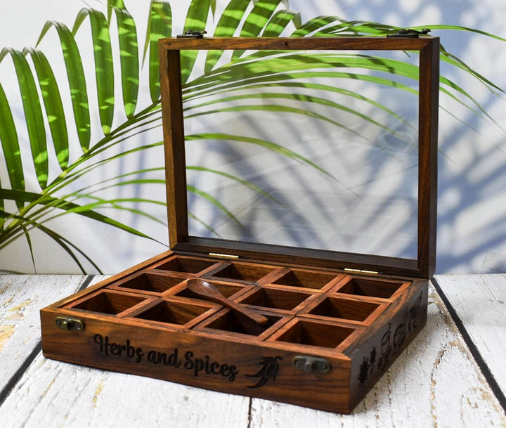 Indische Haus-Gewürzbox aus Holz/Gewürzboxen mit Gravur aus Rosenholz, Einweihungsgeschenk, Mutterta