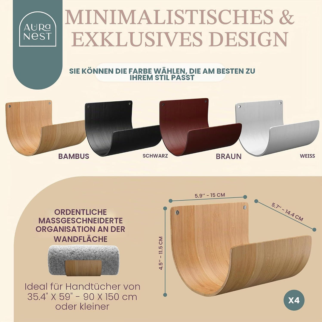 4er Set Handtuchhalter für Badezimmerwand, Moderner Bambus Wandhandtuchhalter für gerollte Handtüche