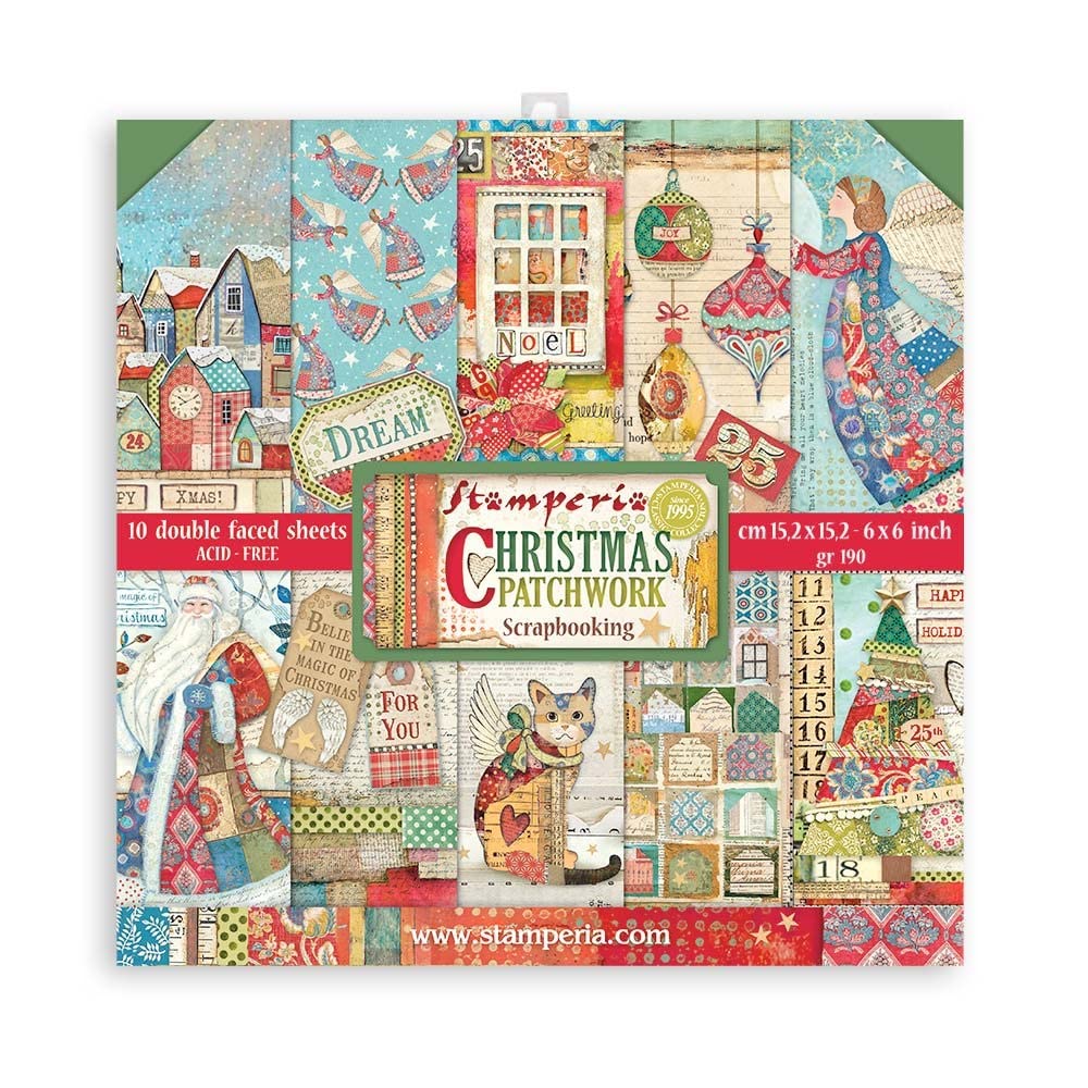 Stamperia SBBXS05 Extra Kleiner Block 10 Blätt-15.24x15.24 (6"x6") Double Face Christmas Patchwork,