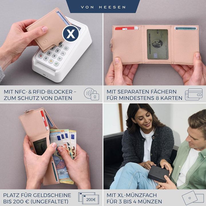 VON HEESEN Slim Wallet mit XL Münzfach Rose Rose XL MÜNZFACH (Kartenslot), Rose XL MÜNZFACH (Kartens