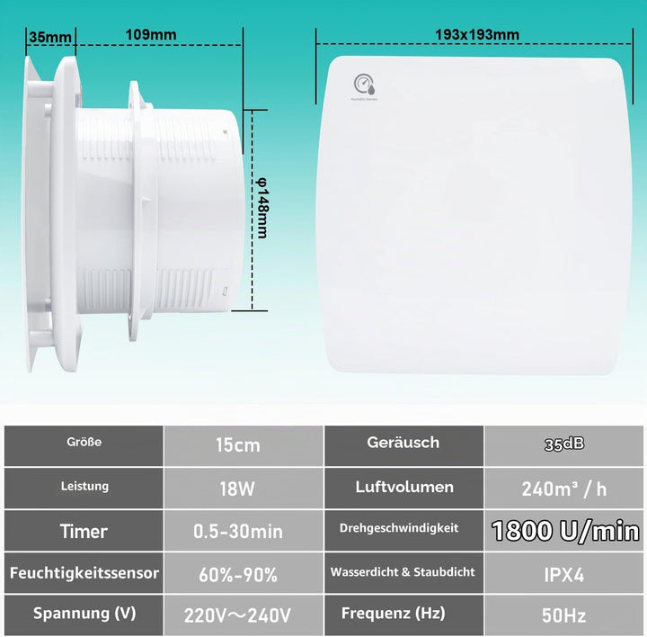 Badlüfter 150mm mit Feuchtigkeitssensor und Nachlauffunktion Feuchtigkeitssensor und Nachlauffunktio