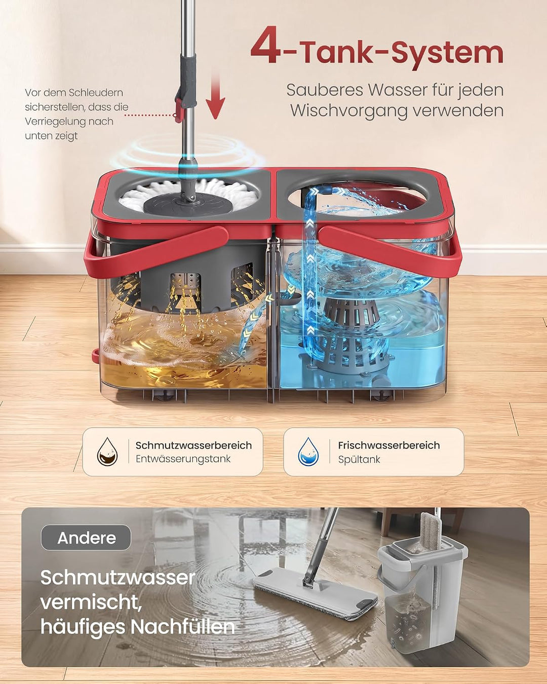 SONGMICS Wischmopp mit Eimer, Bodenwischer mit Schmutzwasser-Trennung und Rollen, Teleskopstiel, 4 M