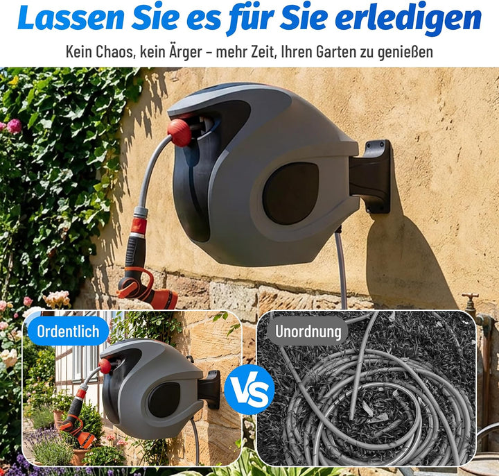 30m Automatische Gartenschlauchtrommel mit 9-fach Sprühdüse, Wandhalterung &amp; verstellbarer Rückholsp