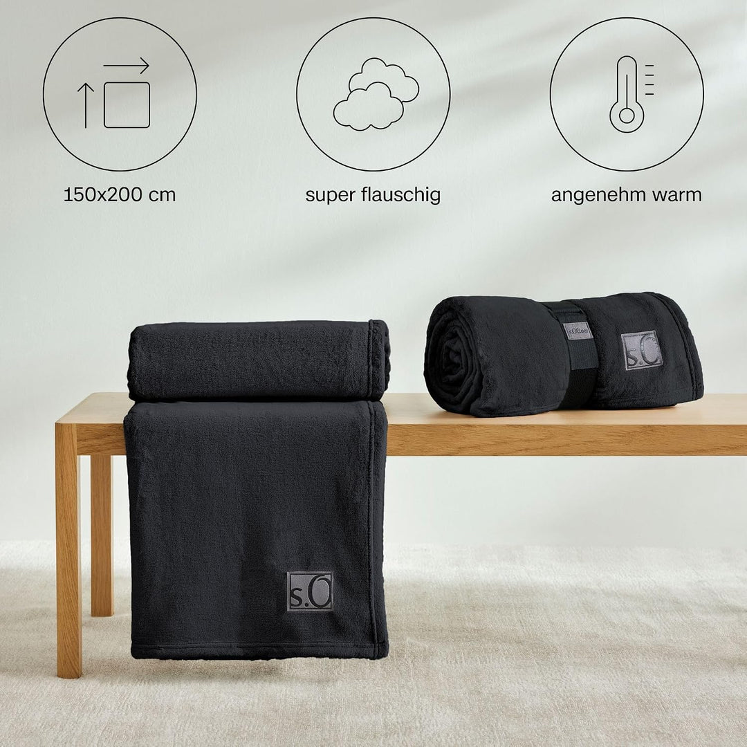 s.Oliver Kuschelsoft Decke 150x200 cm - flauschig, warm &amp; waschbar, Kuscheldecke dunkelgrau Uni 150