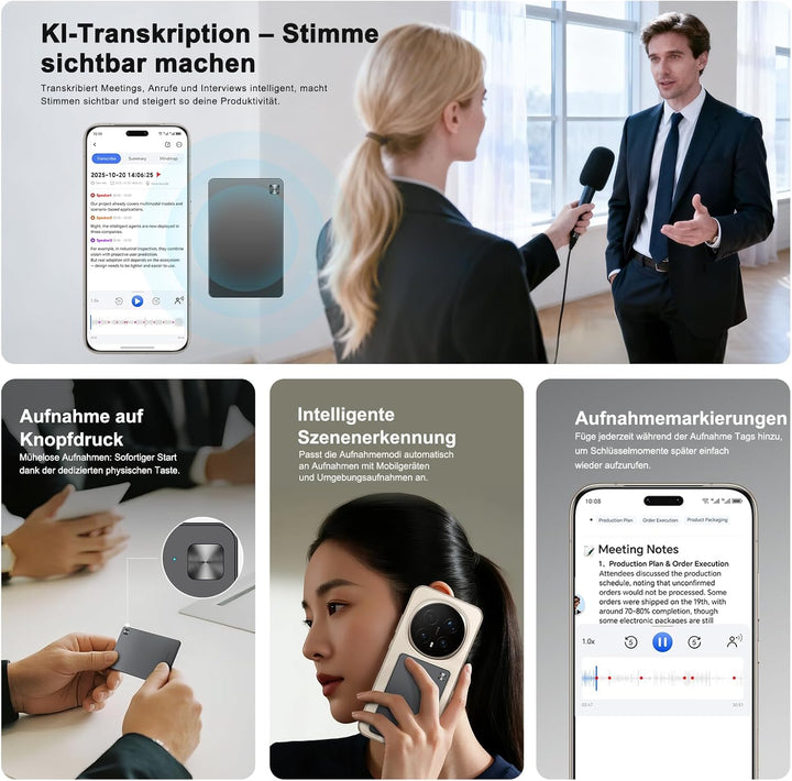 HONOR Choice AI Note Sprachrekorder, 600 Min/Monat Kostenlose Transkription, Digitales Diktiergerät