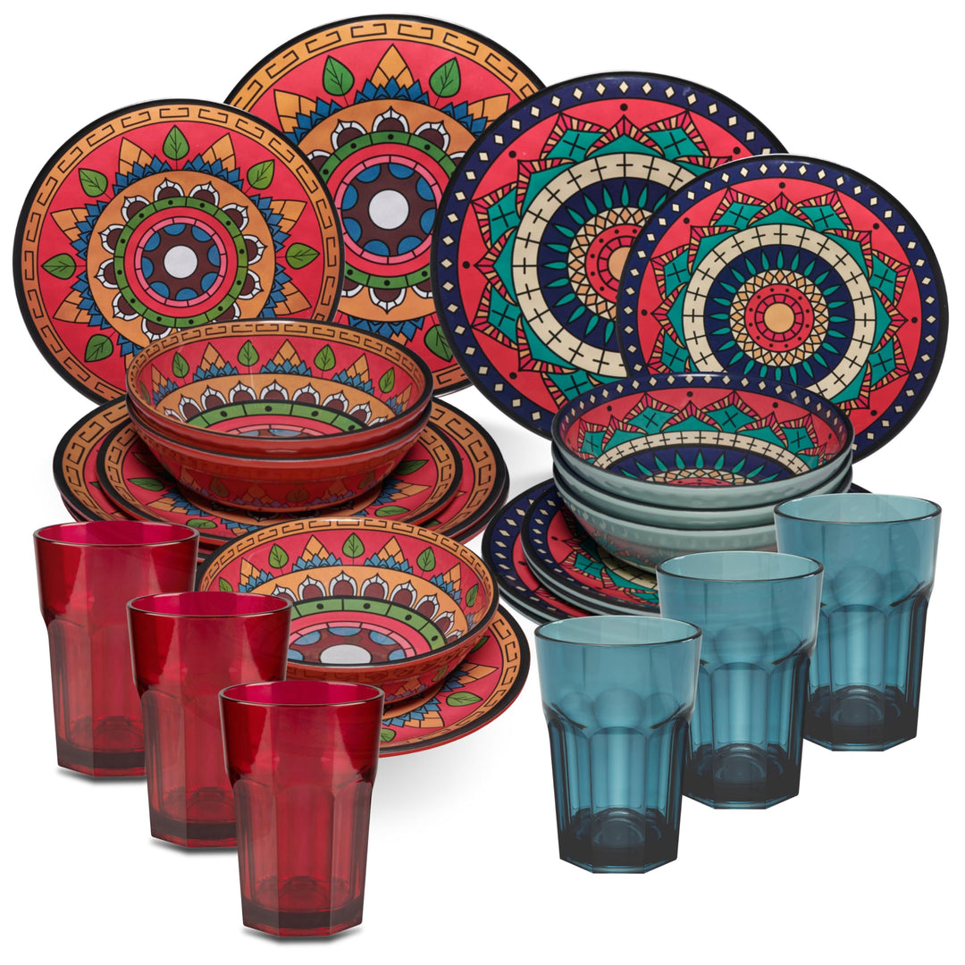 Melamin Geschirr Set Toskana Deep für 6 Personen - Rot-Grün - Mandala-Optik Spülmaschinengeeignet Es