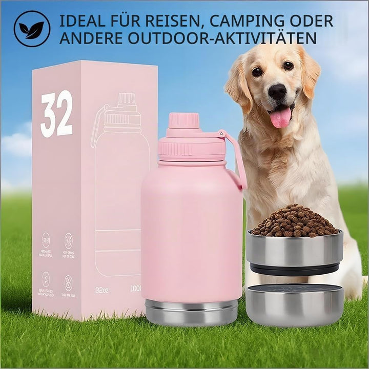 Pets Hundetrinkflasche für Unterwegs, 950ml Isolierte Edelstahl Trinkflasche Hunde mit Futterbehälte