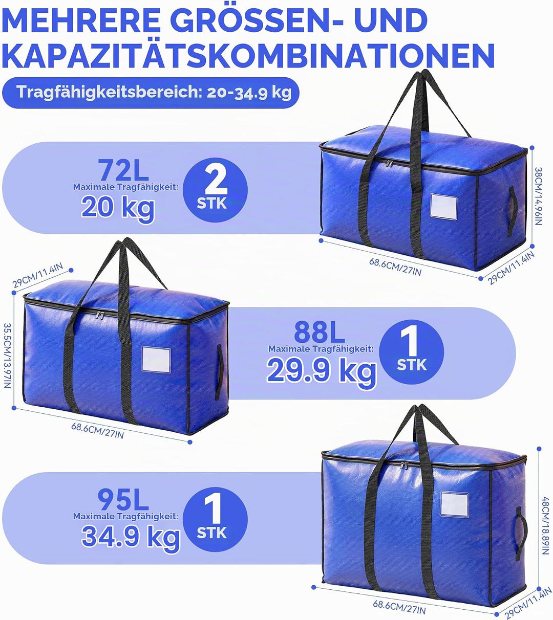 4pcs Grosse Aufbewahrungstasche 72L-95L Heavy-Duty Umzugstaschen Faltbare Umzugskartons mit Reissver