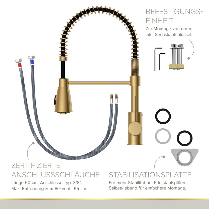 Lenz Küchenarmatur KALANI² in Gold-Optik – Pendelbrause mit 2 Strahlarten &amp; 360° schwenkbarer Bogena