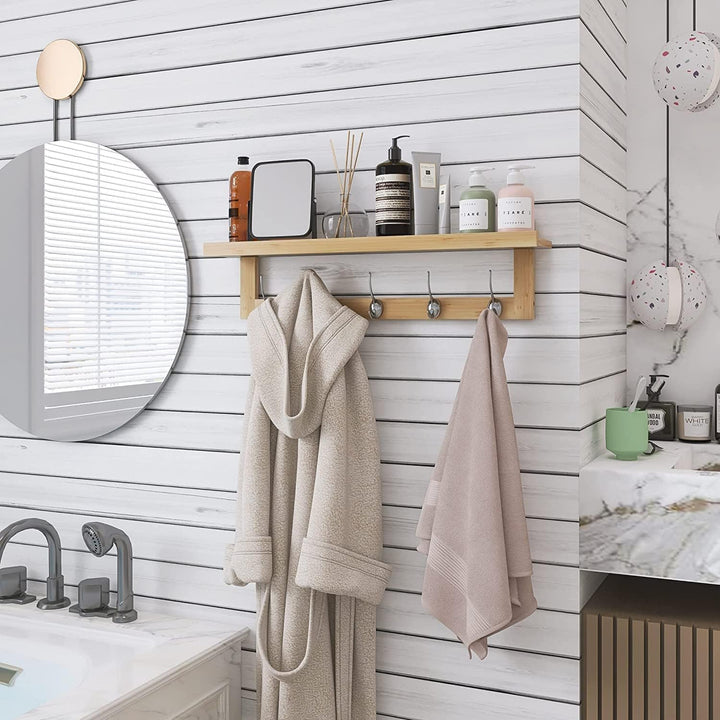 SMIBUY Kleiderhaken mit Regal Wandmontage, 74 cm Eingangsbereich Garderobe für Wand, Bambus-Hängereg