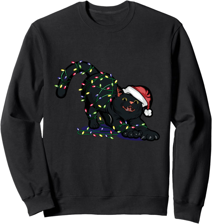 Verspielte schwarze Katze Santa verwickelt in Sweatshirt