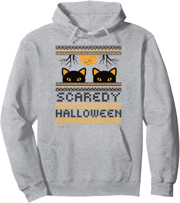 Cute "Ugly Sweater" Scaredy Halloween Cat Kitty Graphic Pullover Hoodie