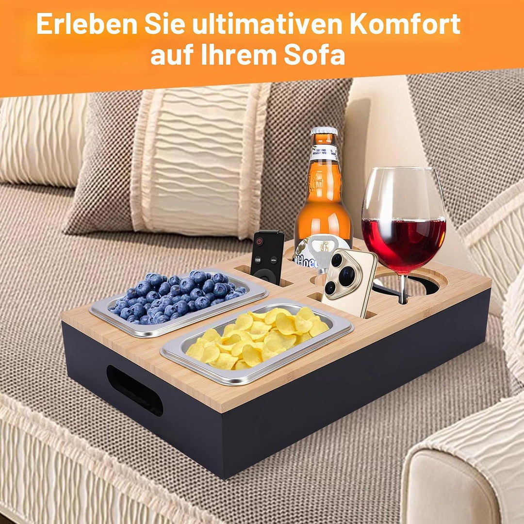 Couchbar Snackbox,Sofa Tablett,Mit Snackschalen Aus Edelstahl,mit Abnehmbarer Deckel,Couch Tablett,S