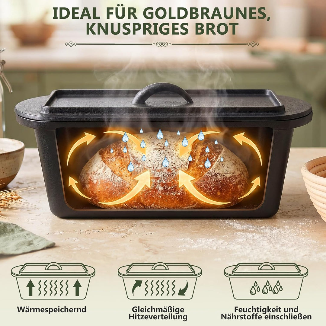 Gusseisen Topf Brot Backen 36cm, Robuste Brotbackform mit Deckel, Gusseisentopf Brotform, Idealer Br