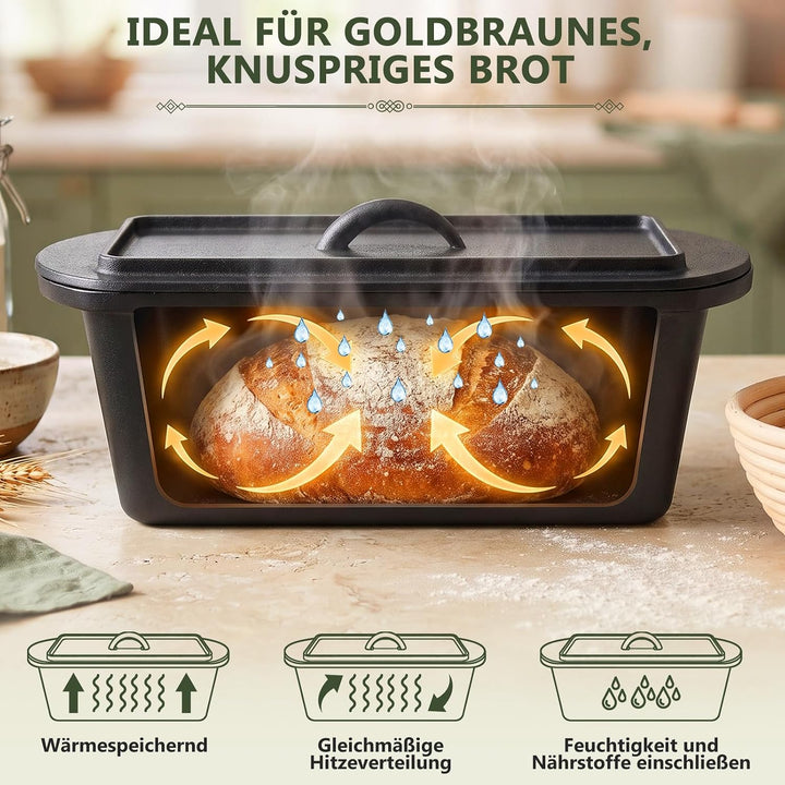 Gusseisen Topf Brot Backen 36cm, Robuste Brotbackform mit Deckel, Gusseisentopf Brotform, Idealer Br