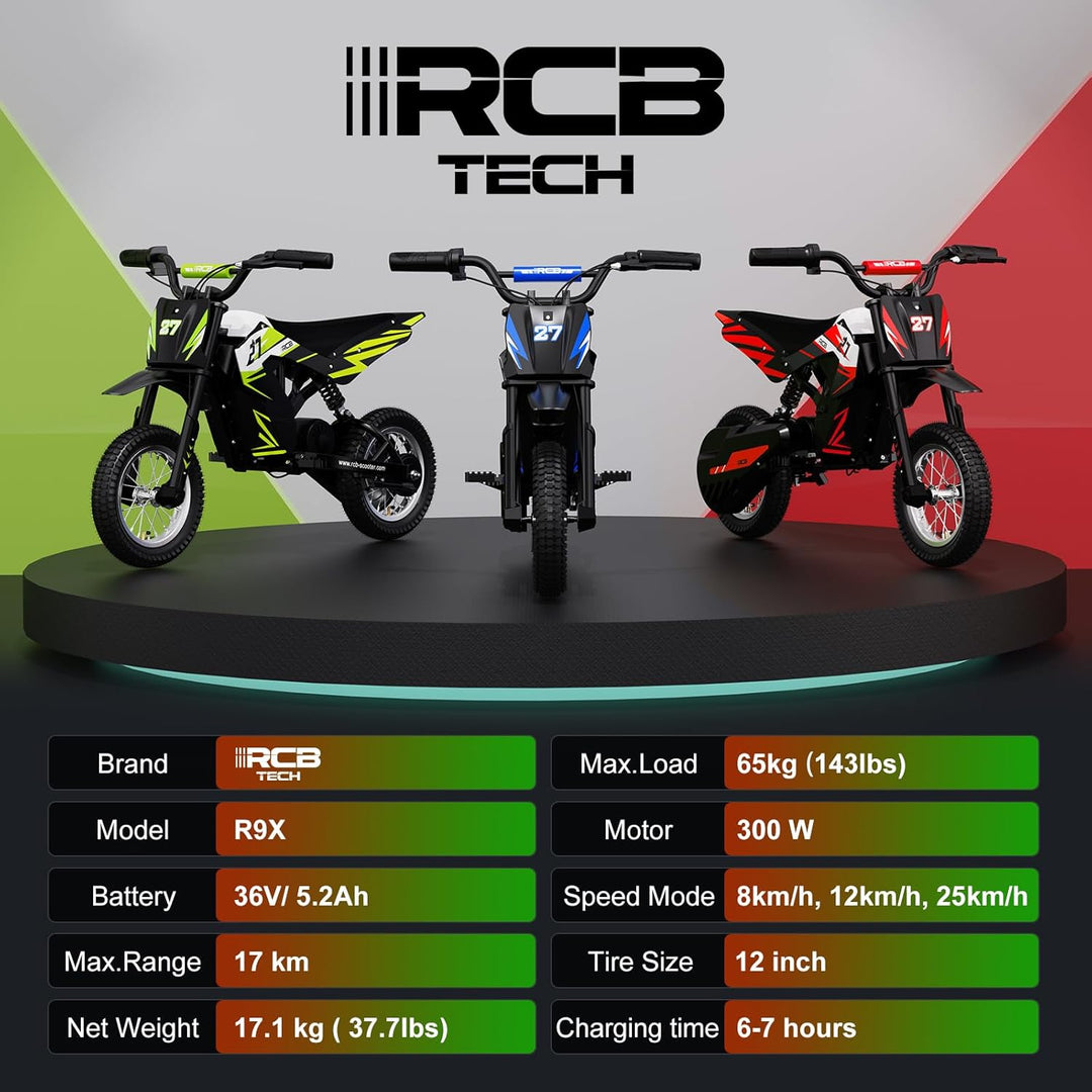 RCB TECH R9X Elektro Motorrad Kinder, Elektromotorrad mit 3 Geschwindigkeitsmodus, Max 25km/h, 36V/5
