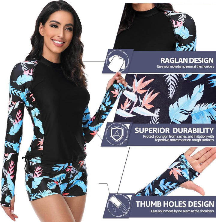 UNIQUEBELLA Rash Guard Damen, UV-Schutz UPF 50+ Langarm Surf Shirt mit Schönen Mustern Bademode Bade