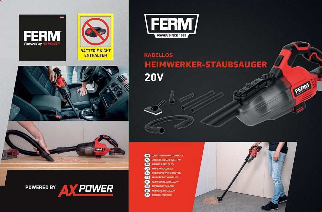 Ferm AX-Power Akku-Baustaubsauger – Kabelloser Staubsauger für Heimwerker – Starke Saugkraft – Kompa
