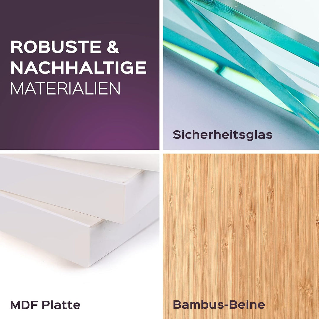 Couchtisch Glas Schwarz mit Bambus – Moderner Glastisch Wohnzimmer mit Ablage 110x55x40 cm – Wohnzim