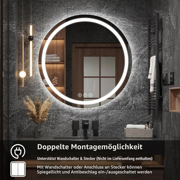 Ratsamee 60cm Badezimmerspiegel mit Beleuchtung, Runder Spiegel mit Beleuchtung, Wandspiegel mit Fro