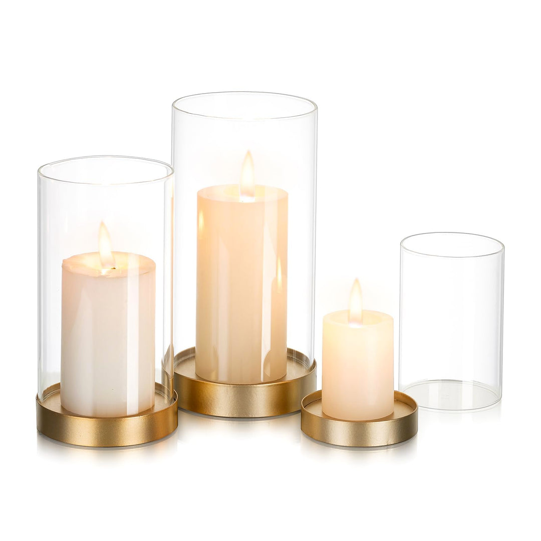 Glasseam Gold Windlicht Glas: 3er Set Gross Kerzenständer mit Glaszylinder Gold+klar 3, Gold+klar 3