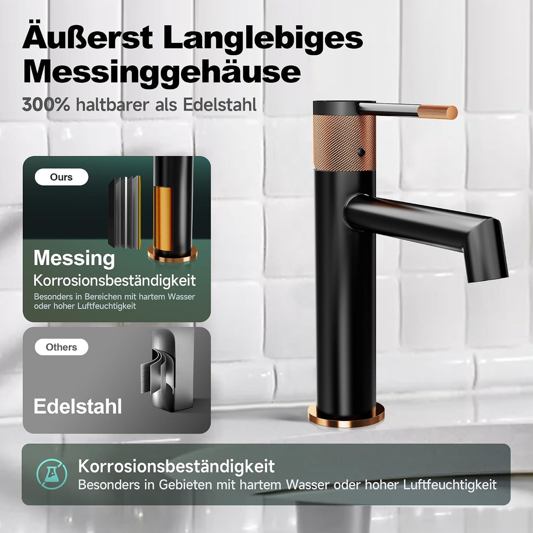 Waschtischarmatur Schwarz Waschbecken Wasserhahn Bad mit Messinggehäuse Keramikkartusche Einhebelmis