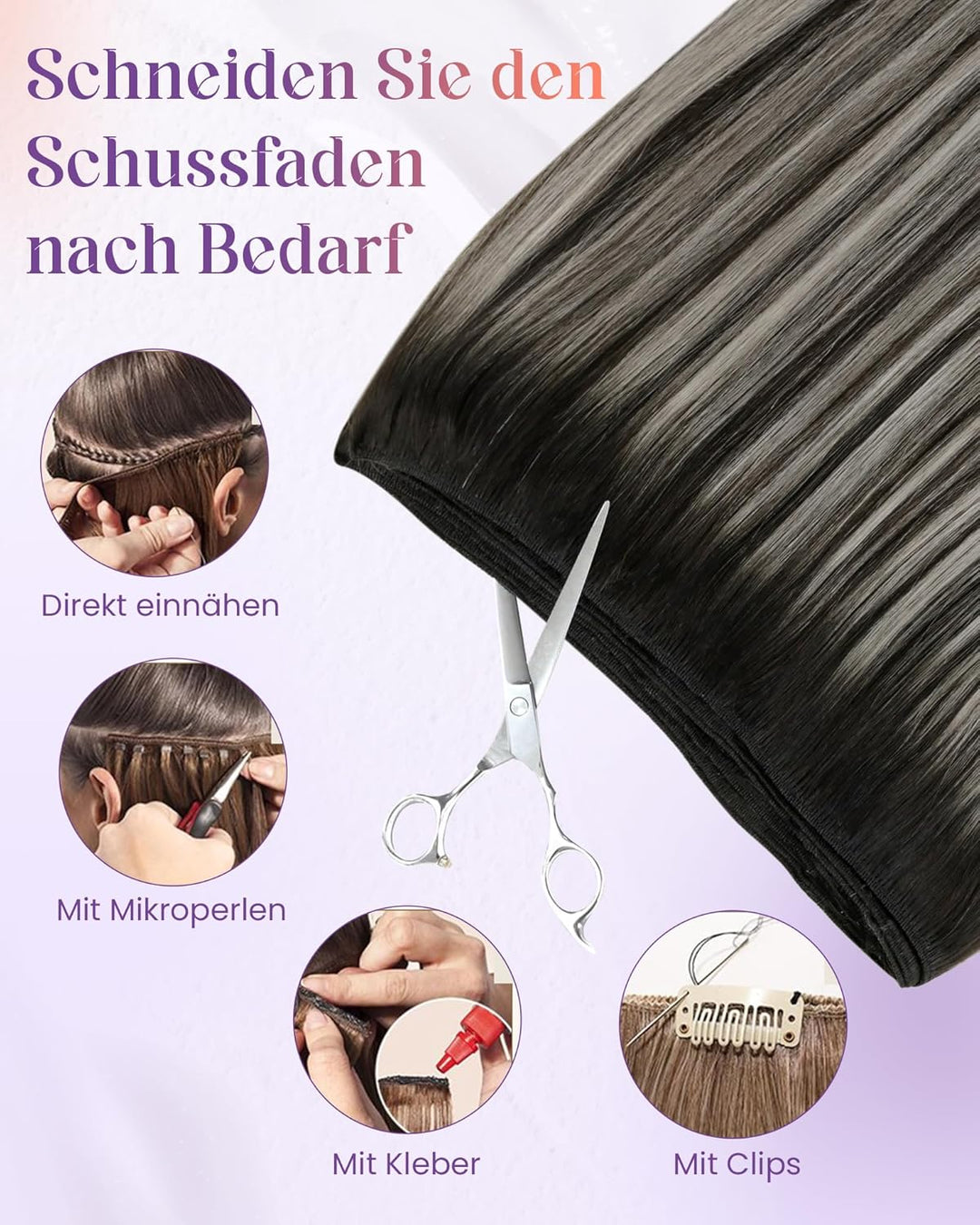LaaVoo 55cm Extention Tressen Echthaar Balayage Schwarz Silber Sew in Tressen Echthaar zum Einnähen