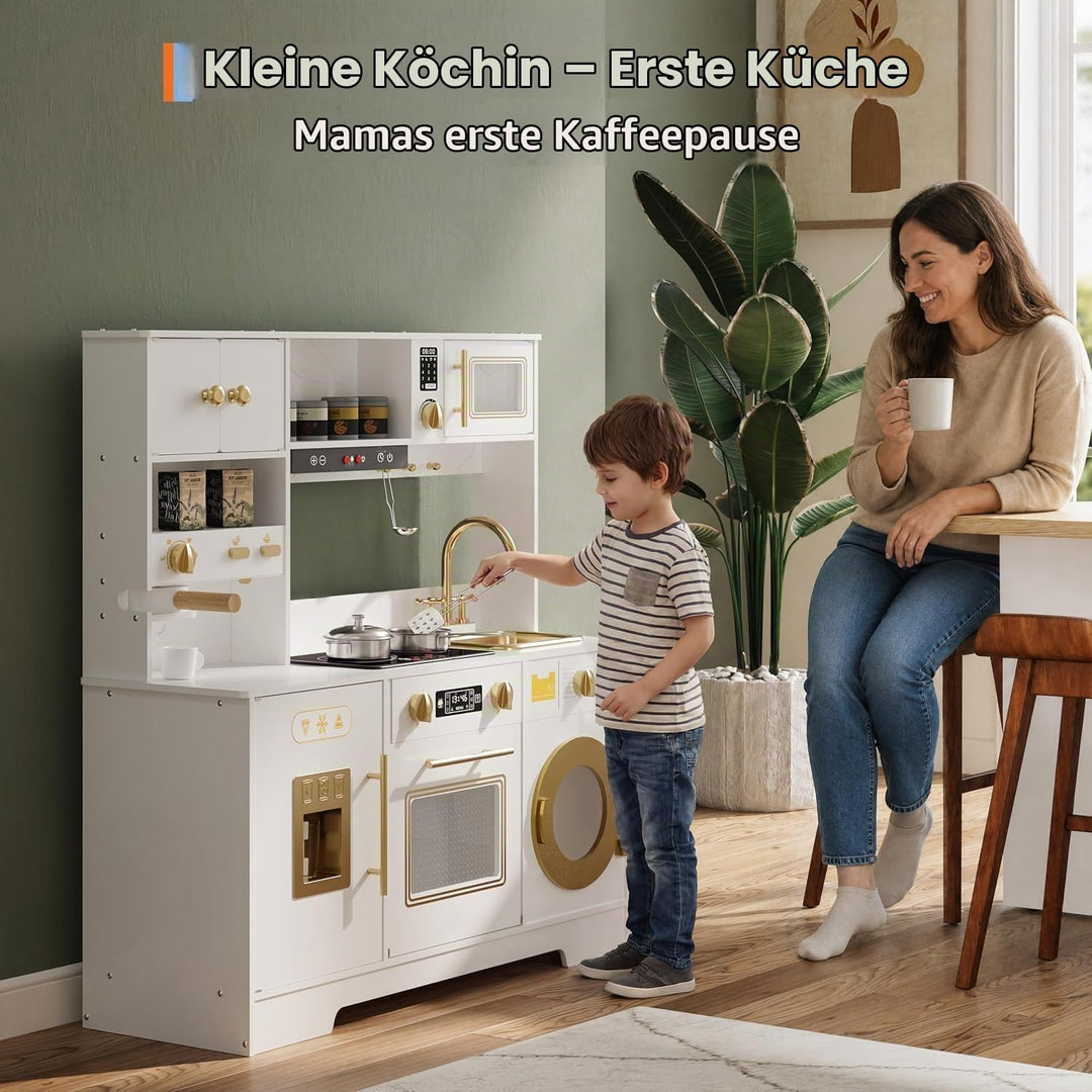 Kinderküche Holz mit Licht, Geräuschen, Herd und Zubehör Weiss, Weiss