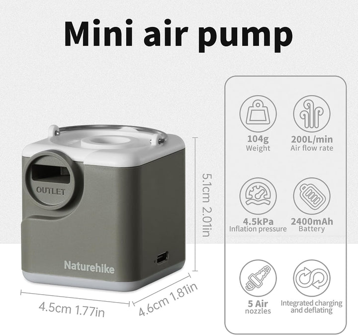 Naturehike Wind-Mini 1600 mAh USB-C wiederaufladbare Luftpumpe Mini-Luftpumpe mit Licht Tragbare ele