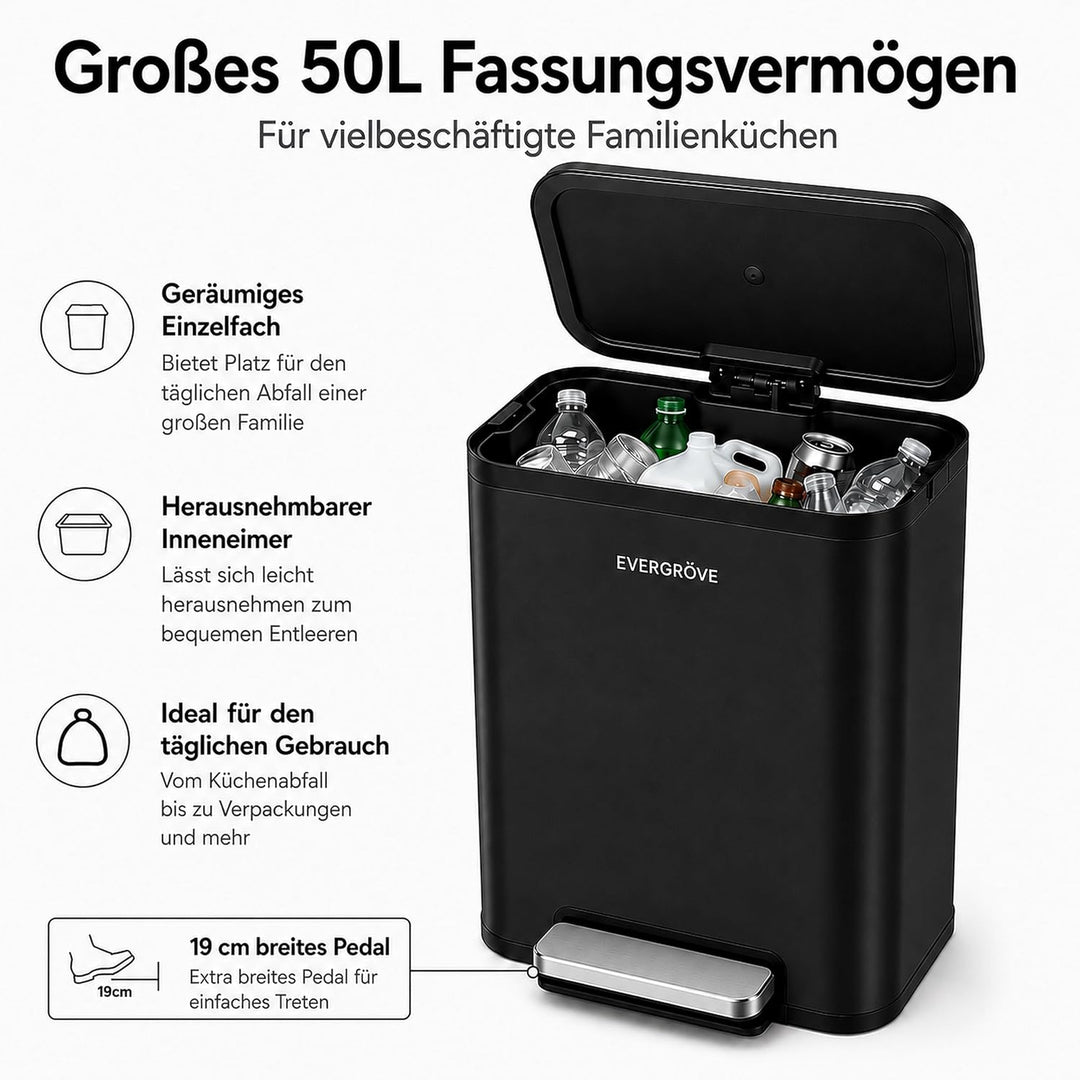 EverGrove Recycling 50L Edelstahl-Mülleimer mit Fusspedal (Schwarz Nr. 2), Schwarz Nr. 2