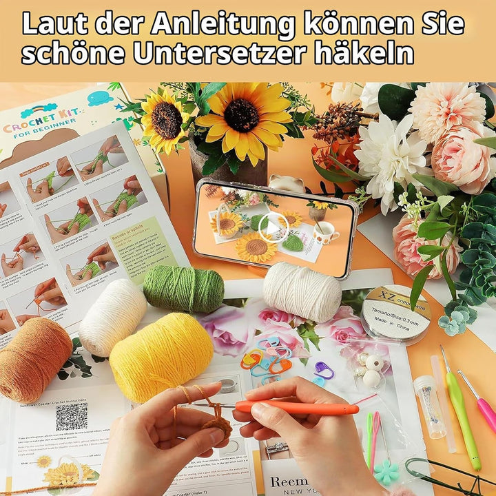 JAWAI Häkelset für Anfänger, komplettes Strickset mit Tutorial, Botanische Untersetzer für Tischdeko