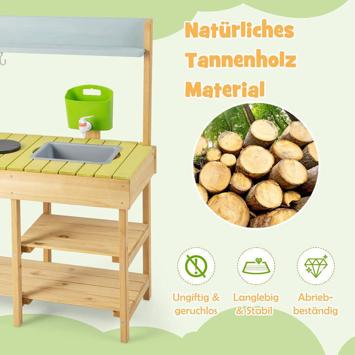DREAMADE Matschküche Kinder Outdoor, Kinderküche mit Wassertank, Wasserhahn, Herd &amp; abnehmbarem Rega