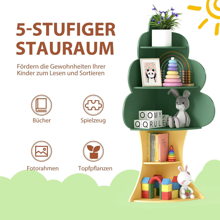 COSTWAY Bücherregal Kinder in Baumform, 5 Ebenen Kinderregal, Spielzeugregal aus Holz, Eckregal für