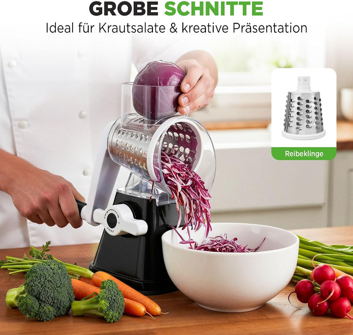 NutriChef Gemüsehobel mit Kurbel, 3 Klingen für Käse &amp; Gemüse – Schwarz, Schwarz