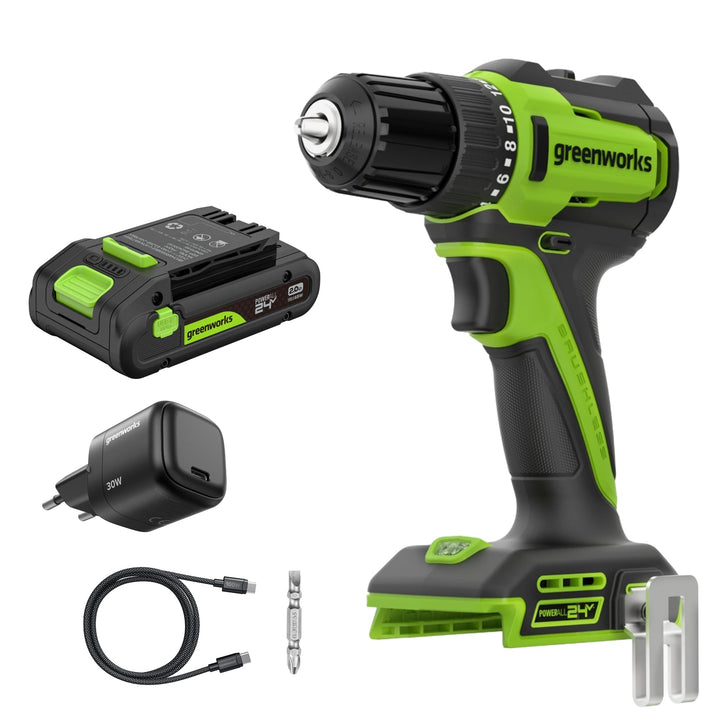 Greenworks 24V Akku‑Bürstenlos‑Bohrschrauber DD335, 35 Nm Drehmoment, inkl. 2Ah USB‑C Akku, 30W Lade