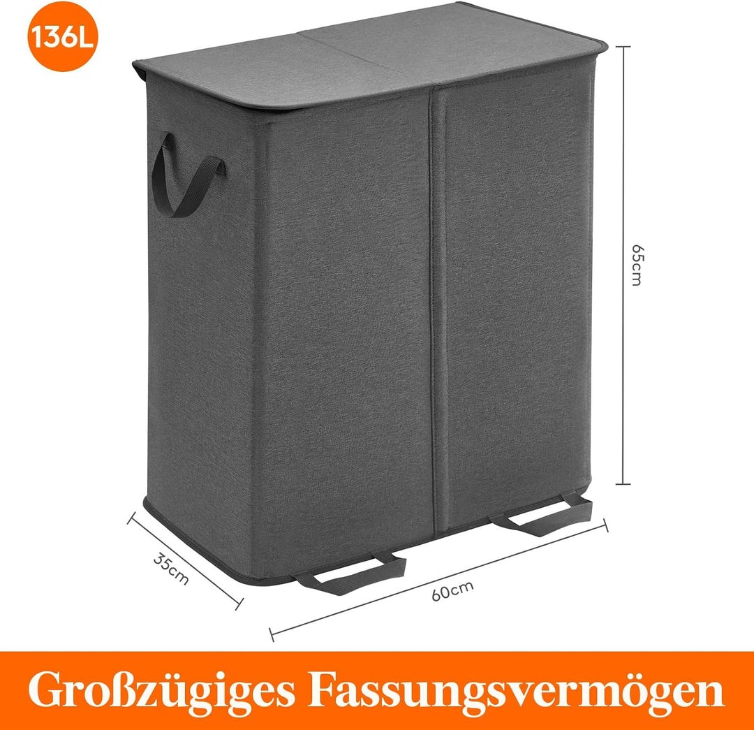 Lifewit Doppel Wäschekorb mit Deckel und abnehmbaren Wäschesäcken Schwarz 136L, Schwarz 136L