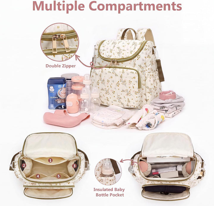 Wickeltasche mit Blumenmuster, Baumwolle, gesteppt, für Mütter, Baby-Reiserucksack mit Kinderwagengu