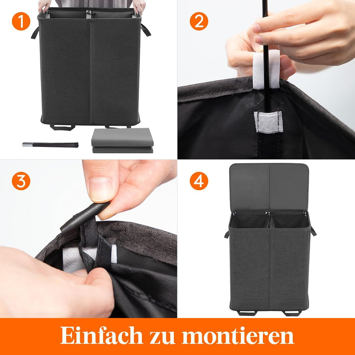 Lifewit Doppel Wäschekorb mit Deckel und abnehmbaren Wäschesäcken Schwarz 136L, Schwarz 136L