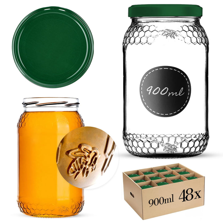 KADAX 48er Set Einmachgläser 900ml TO82 Grün, Grosse Sturzgläser mit Schraubdeckel, Einkochgläser Fe