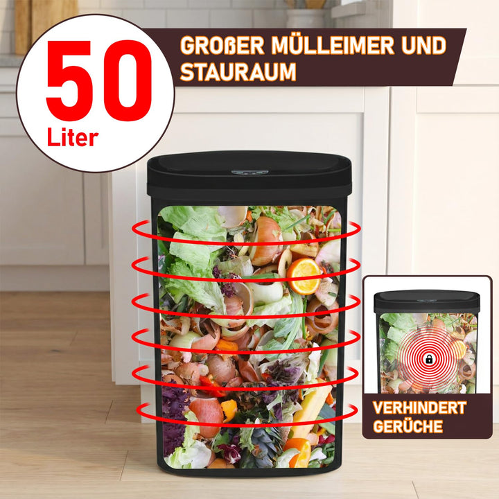 FDW Küchenmülltonne mit Sensor &amp; Deckel | Kunststoff | 50L | Schwarz Kunststoff Schwarz, Kunststoff