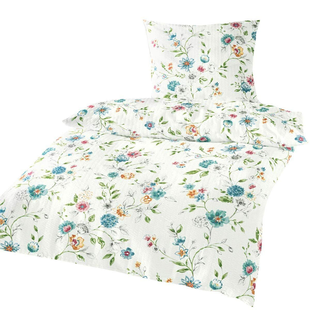 TRAUMSCHLAF Seersucker Bettwäsche Blumengirlande • Florales Design in Blau-Weiss • 100% Baumwolle •